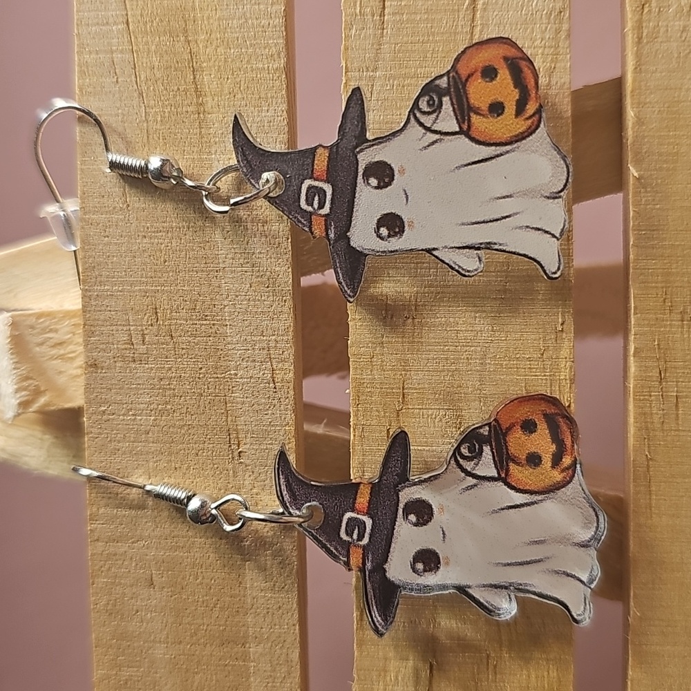 Halloween Ghost Earrings with Pumpkin - Picture 3 of 3